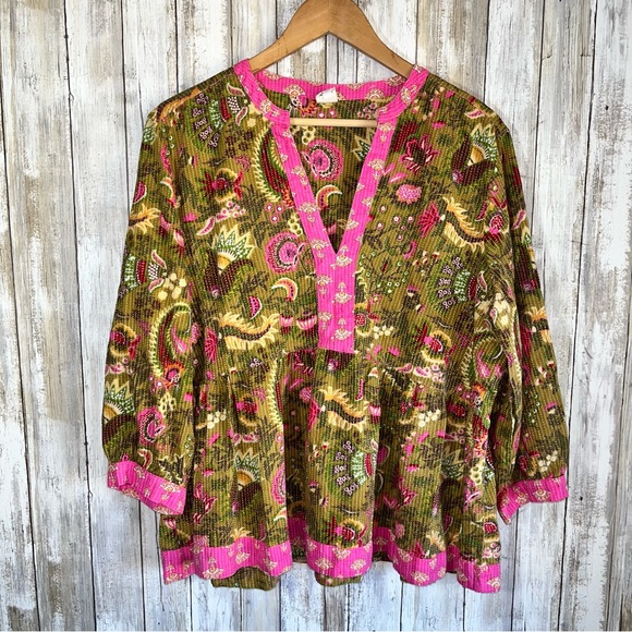 Ivy Jane Green & Pink Kantha Stitch Peplum Top - Picture 2 of 6